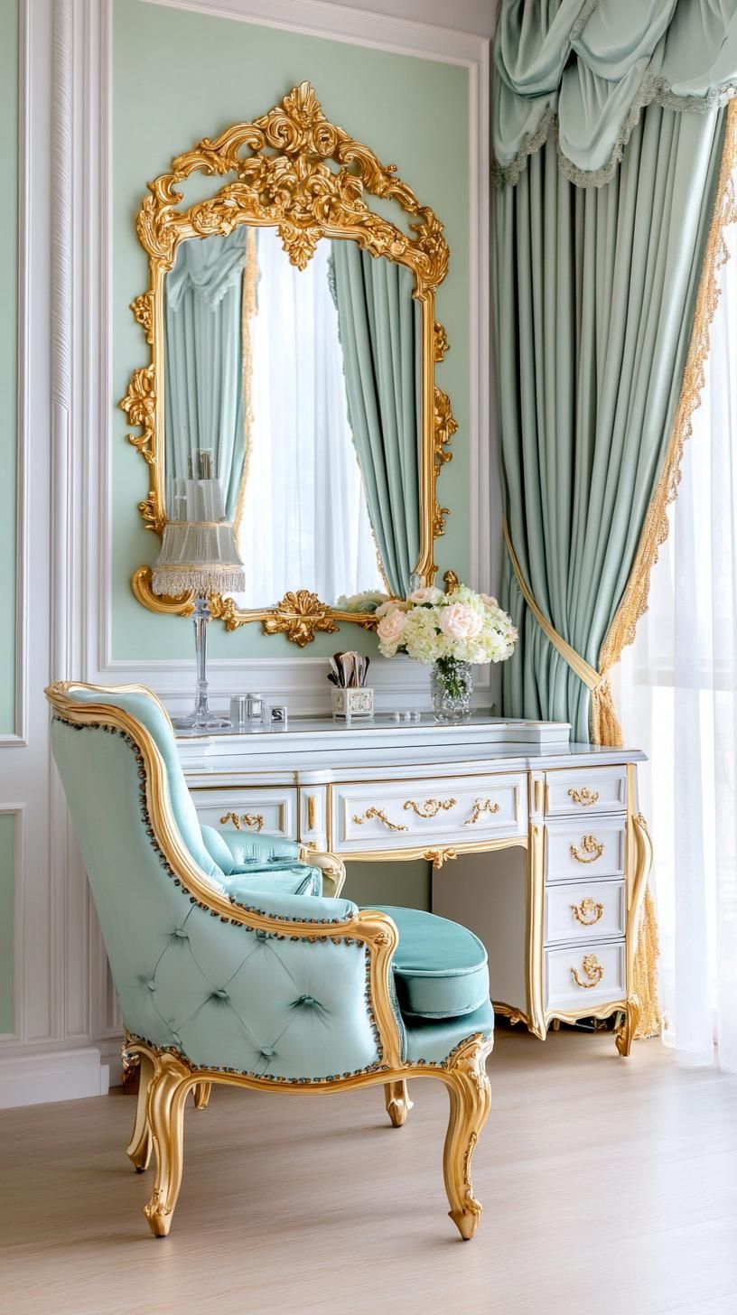2. Vintage Glam Bedroom with Sage Green Walls and Gold Accents - photo 2