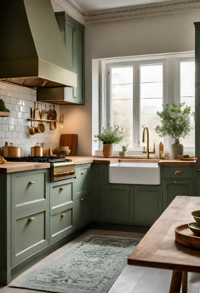 1. Sage Green Cabinets with Brass Hardware - photo 2