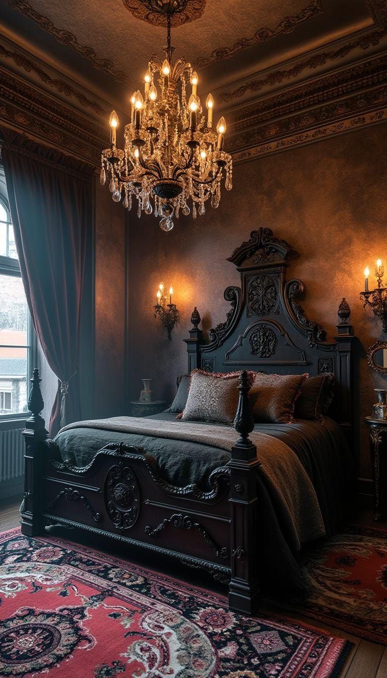 5. Crystal Chandelier Over A Dark Wood And Iron Bed