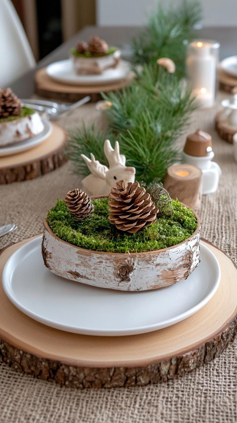 6. Woodland Christmas Table with Birch Log Centerpiece