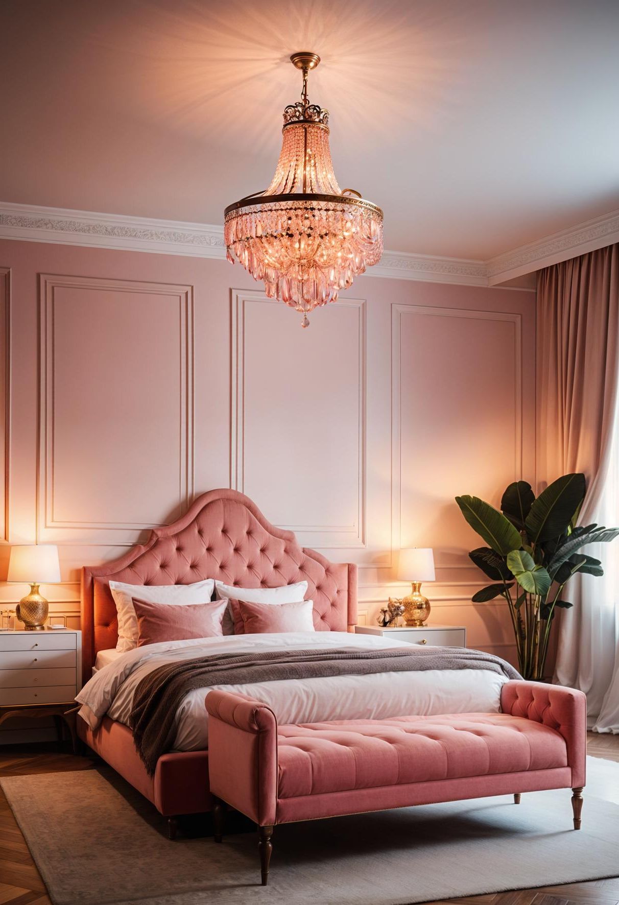 23. Vintage Pink Chandelier Bedroom Accent