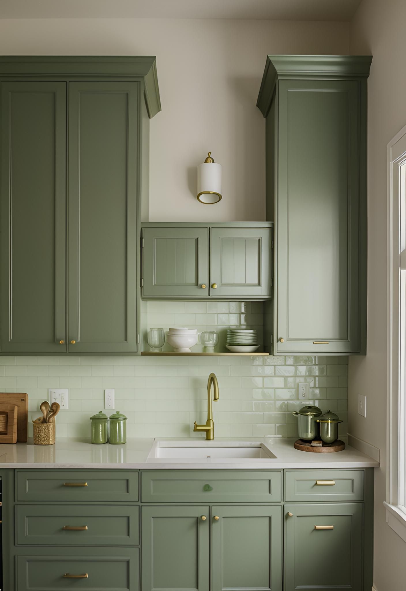 1. Sage Green Cabinets with Brass Hardware