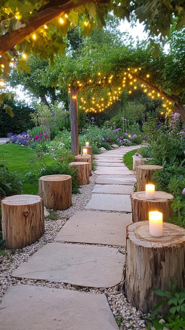 1. Fairy-Lit Pathway With Candle-Topped Wooden Stumps