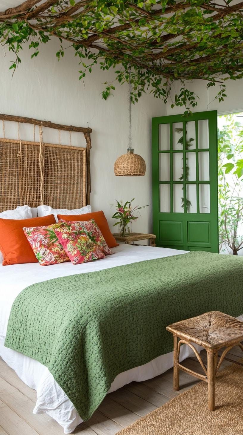 6. Olive Green Jungle Bedroom with Leafy Prints - photo 2