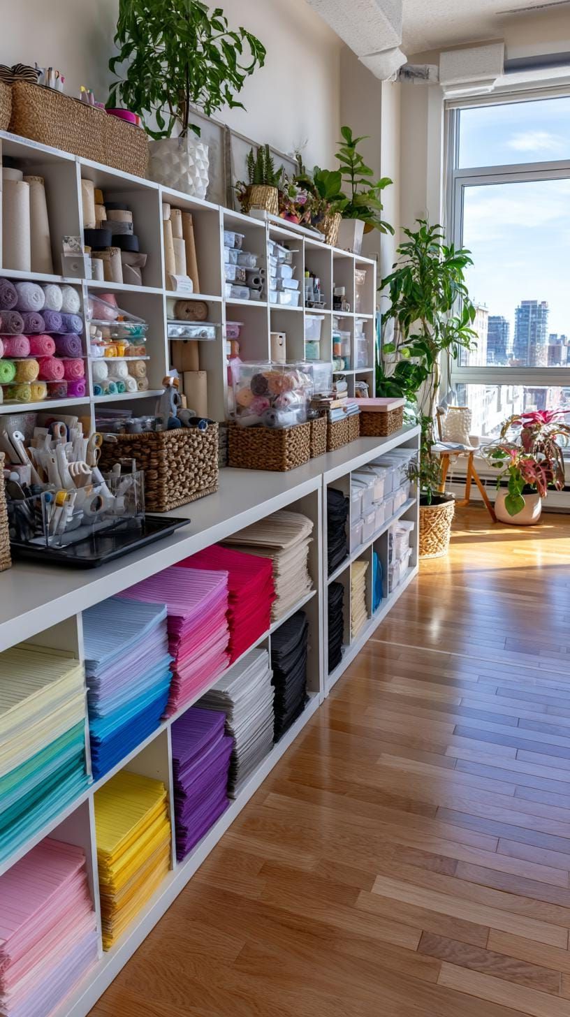4. Stacked Storage Tower With Bins and Colorful Paper