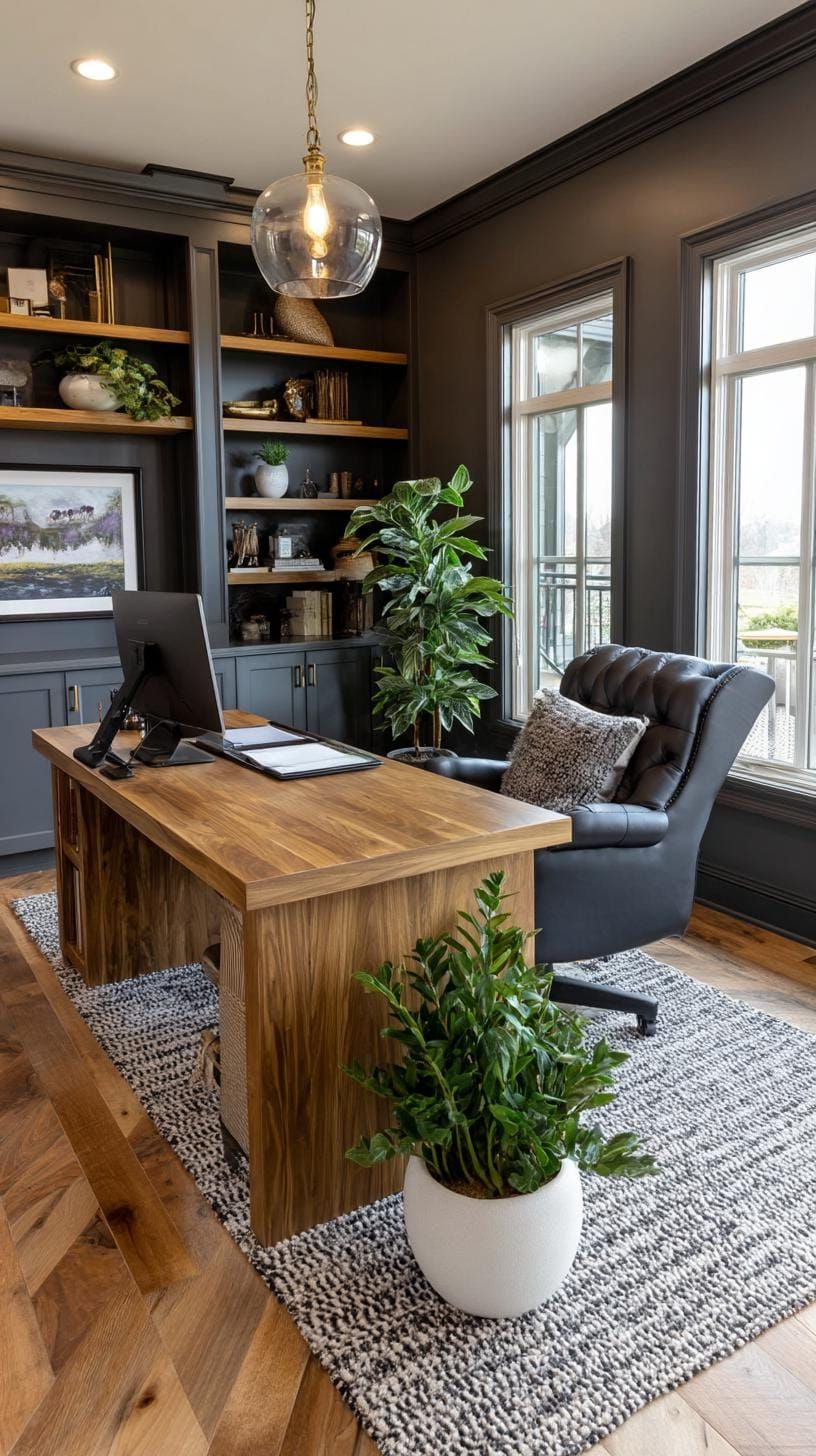 16. A Moody Office with Charcoal Walls and Natural Wood Accents