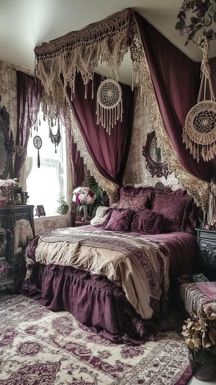8. Burgundy Tapestry Curtains With Gothic Lace Valances - photo 2