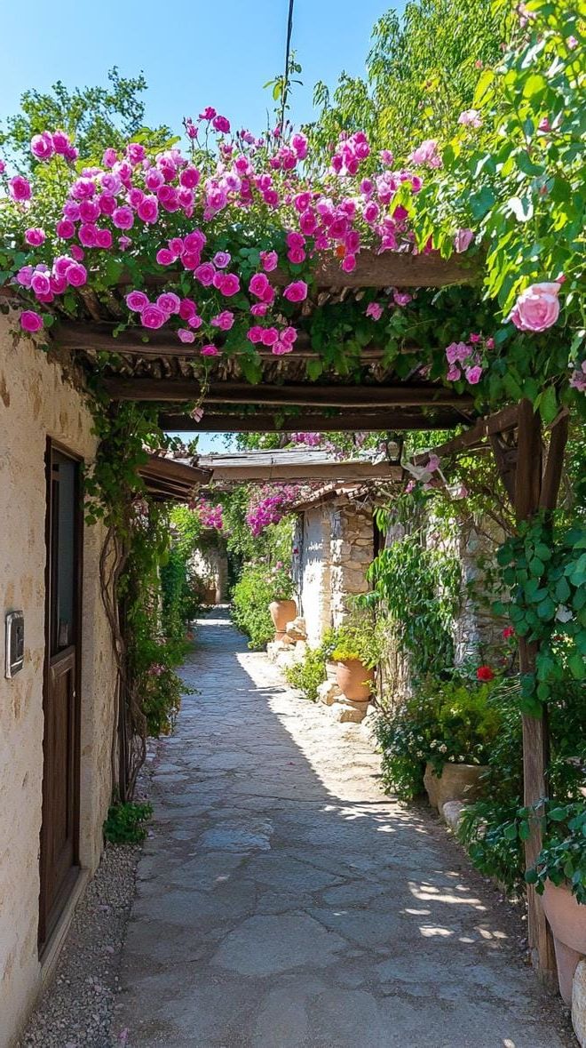 17. Rose-covered pergola opening onto a hidden garden