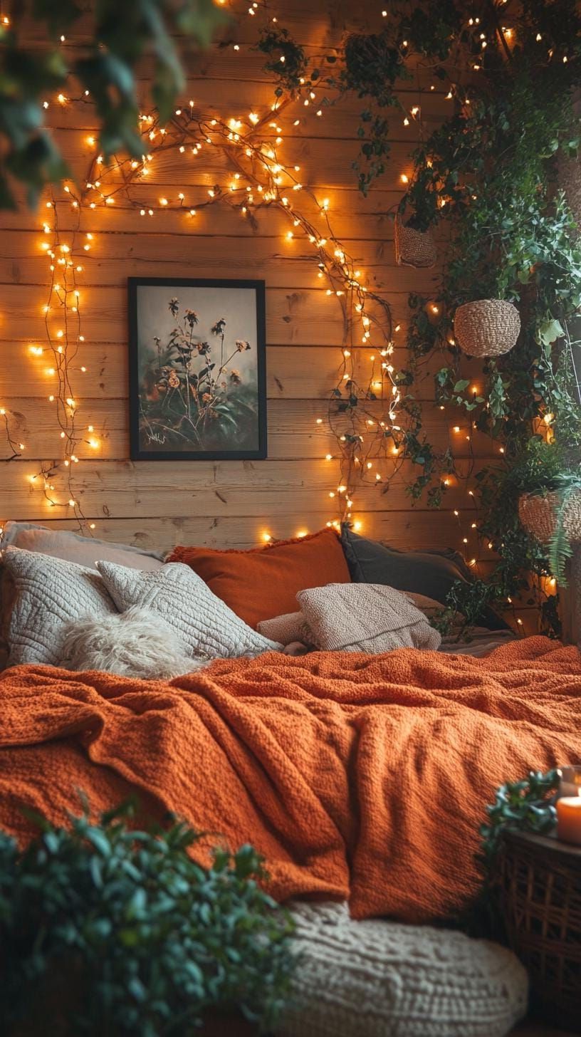2. Deep-Toned Blankets, Vintage Art, Moody Lights