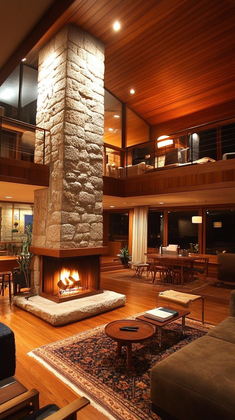 11. Split-level room centered on stone fireplace column - photo 2