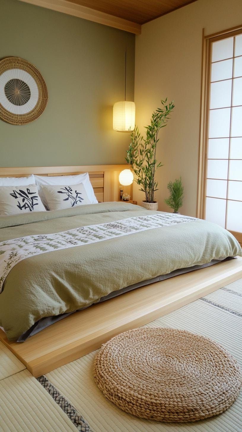 16. Japanese-Inspired Olive Green Bedroom with Tatami Mats - photo 2