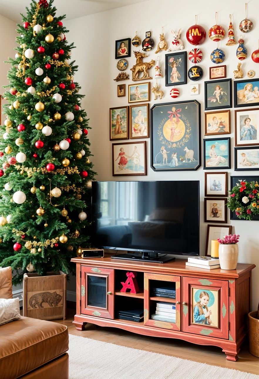 13. Eclectic TV stand with gallery wall and vintage ornaments