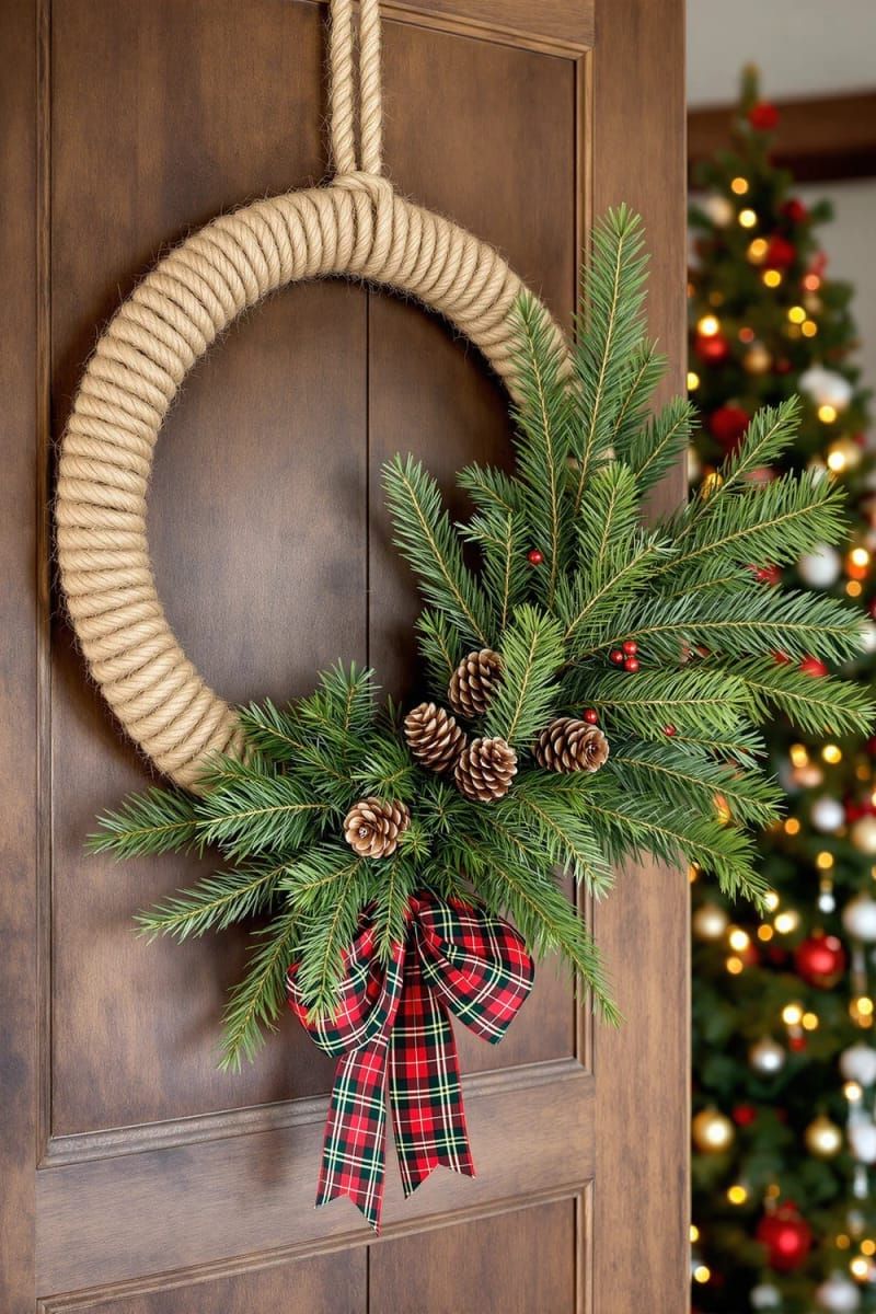 19. Rope wreath with cedar, pinecones, and tartan ribbon