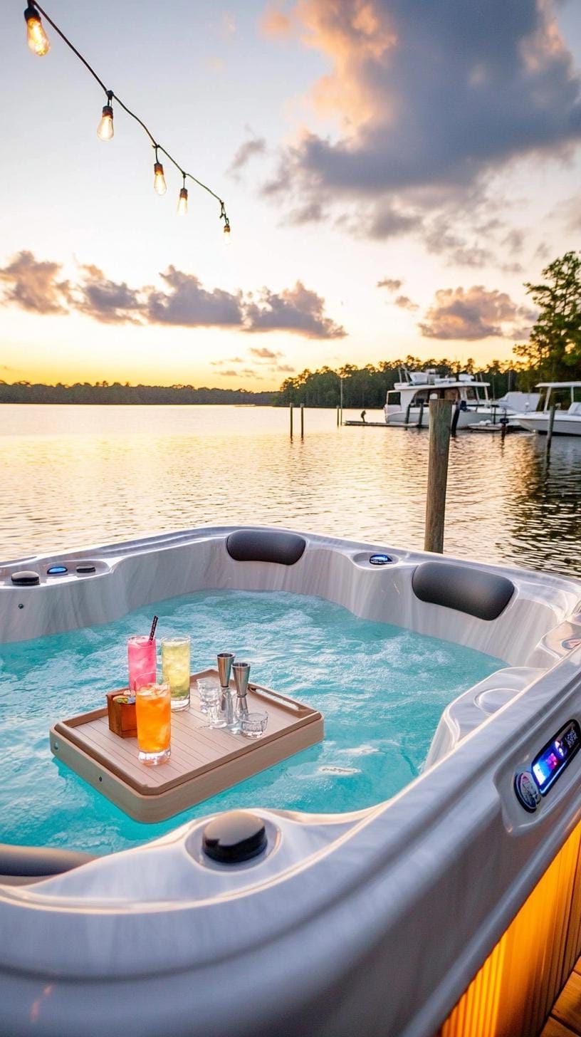 22. Hot tub with floating bar tray and LED mood lighting