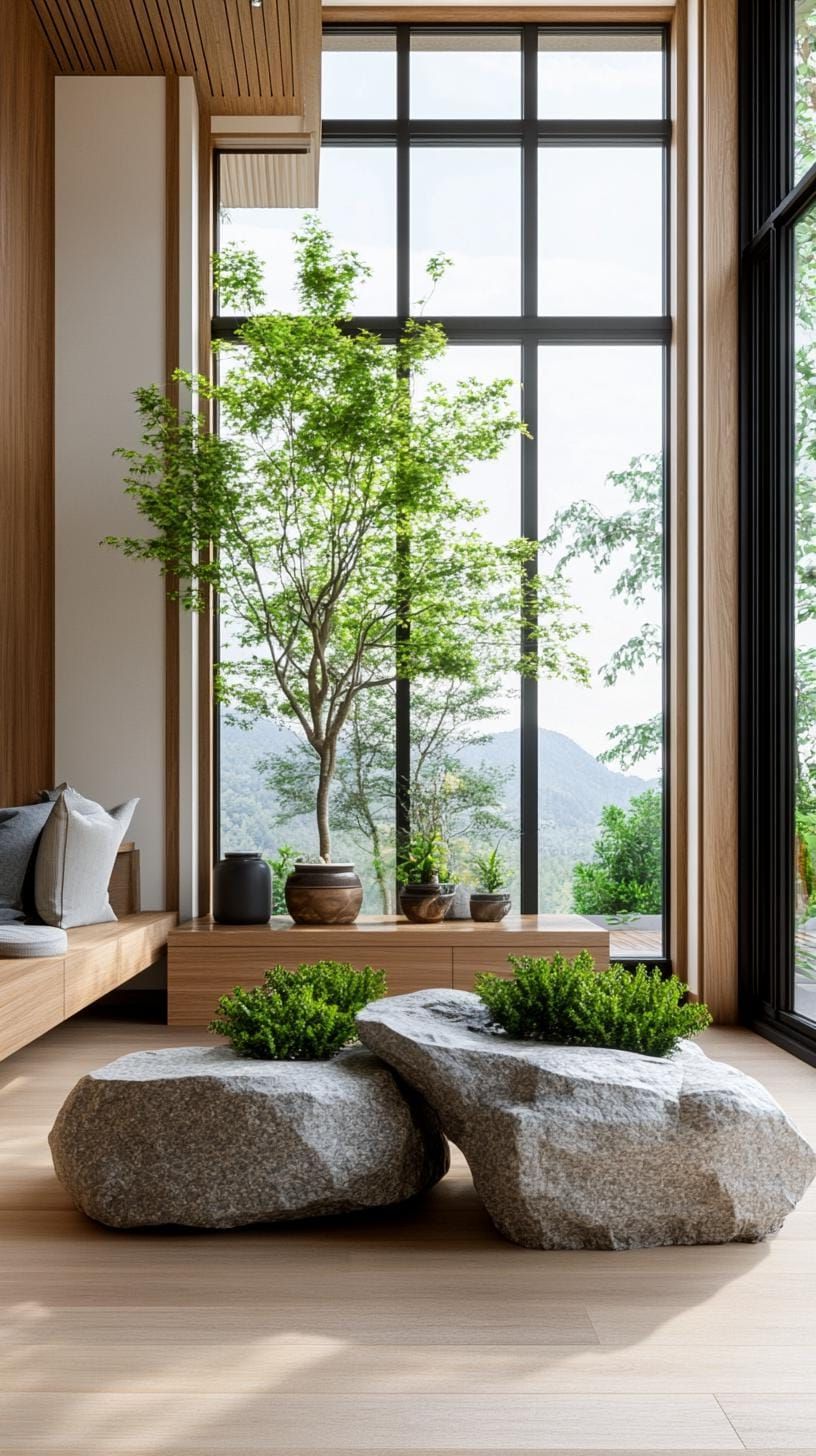 9. Stone Planters and Water Features for a Natural Feel