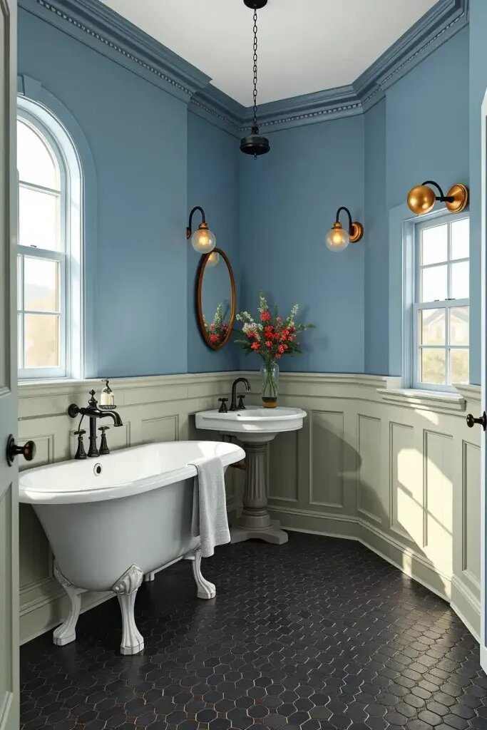 Sage Wainscoting Paired With Blue Upper Walls