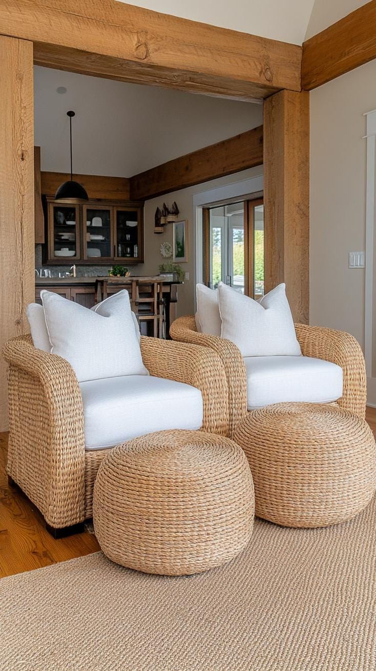 6. Woven Rattan or Seagrass Poufs Seating