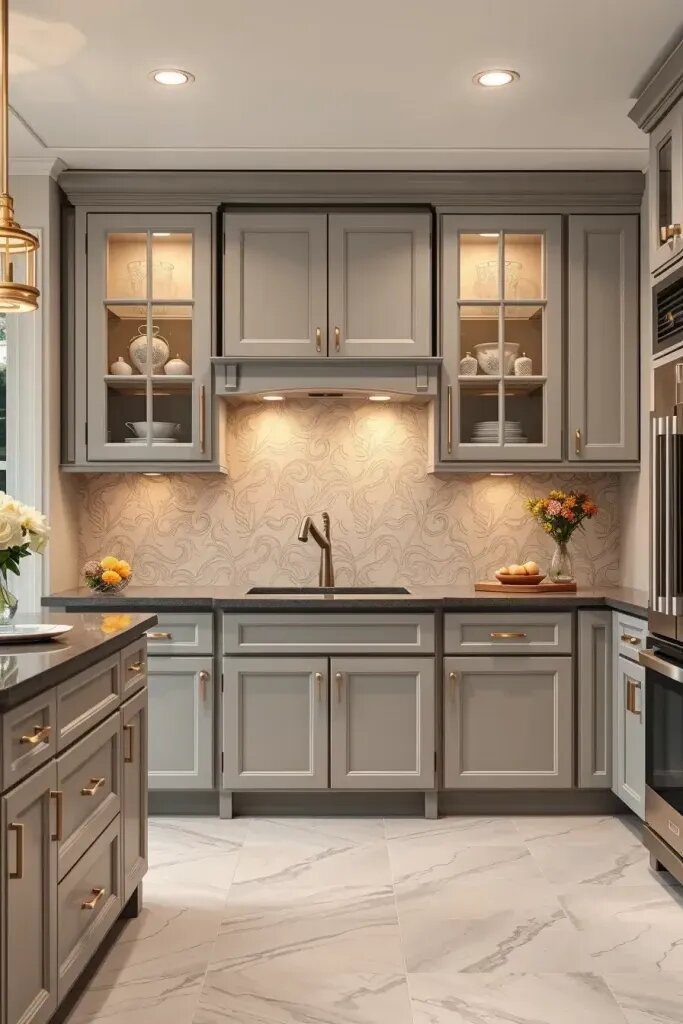 Gray Cabinets with Glass Cabinet Doors