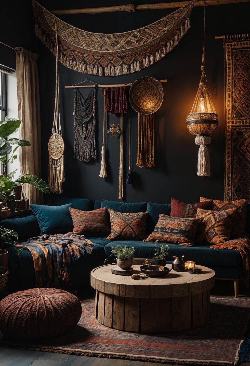 22. Dark and Blissful Boho Living Room