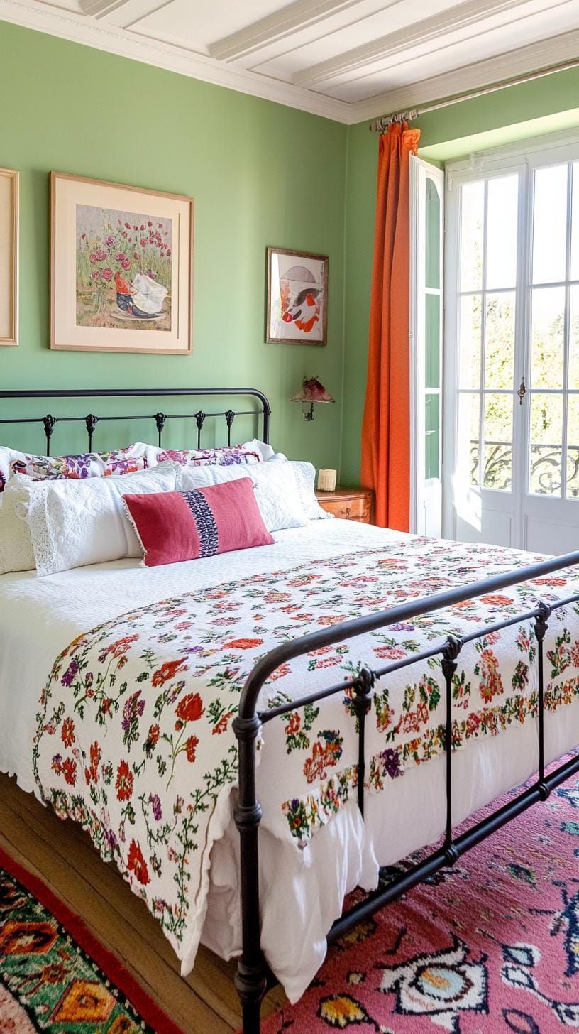 21. French Vintage Olive Green Bedroom with Iron Bedframes