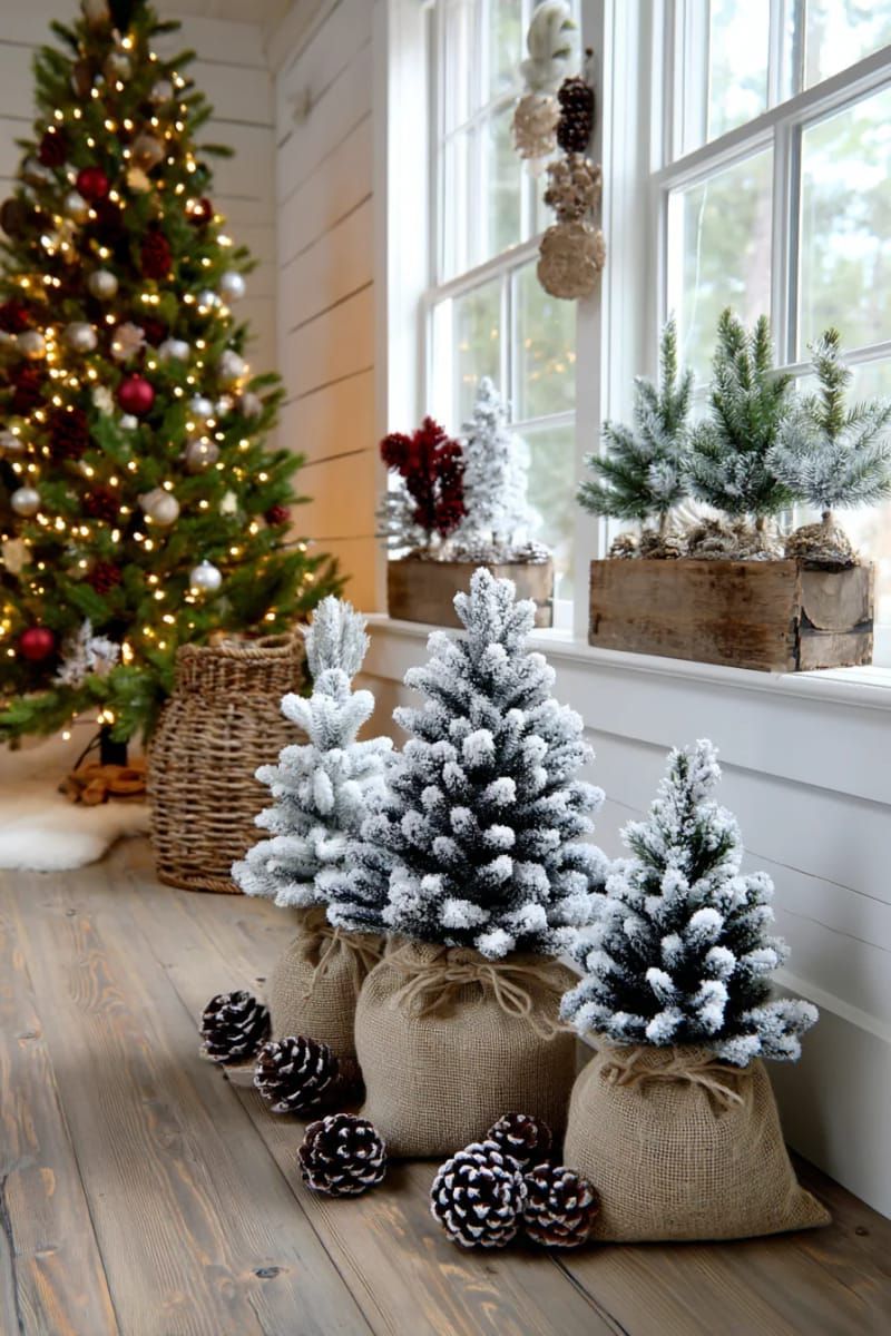 29. Flocked mini trees in burlap sacks for farmhouse decor - photo 2