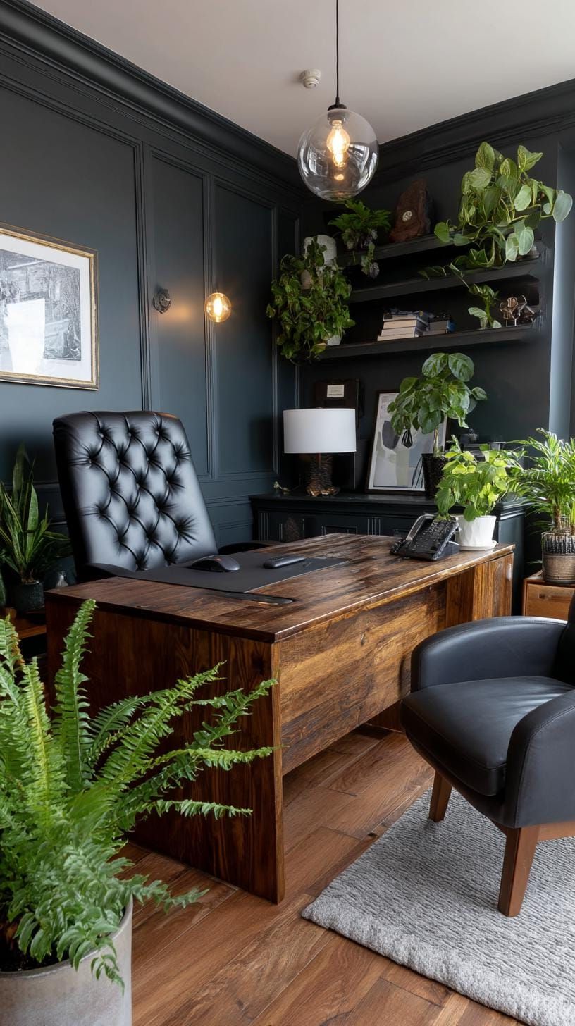 16. A Moody Office with Charcoal Walls and Natural Wood Accents - photo 2