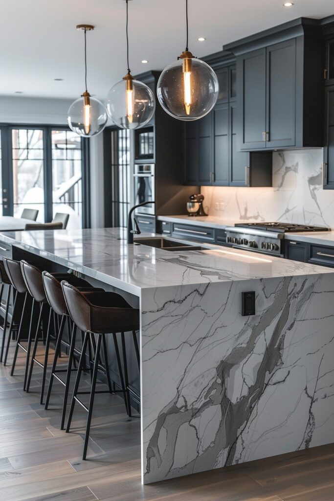 7. Waterfall Island Kitchens with Elegant Lines