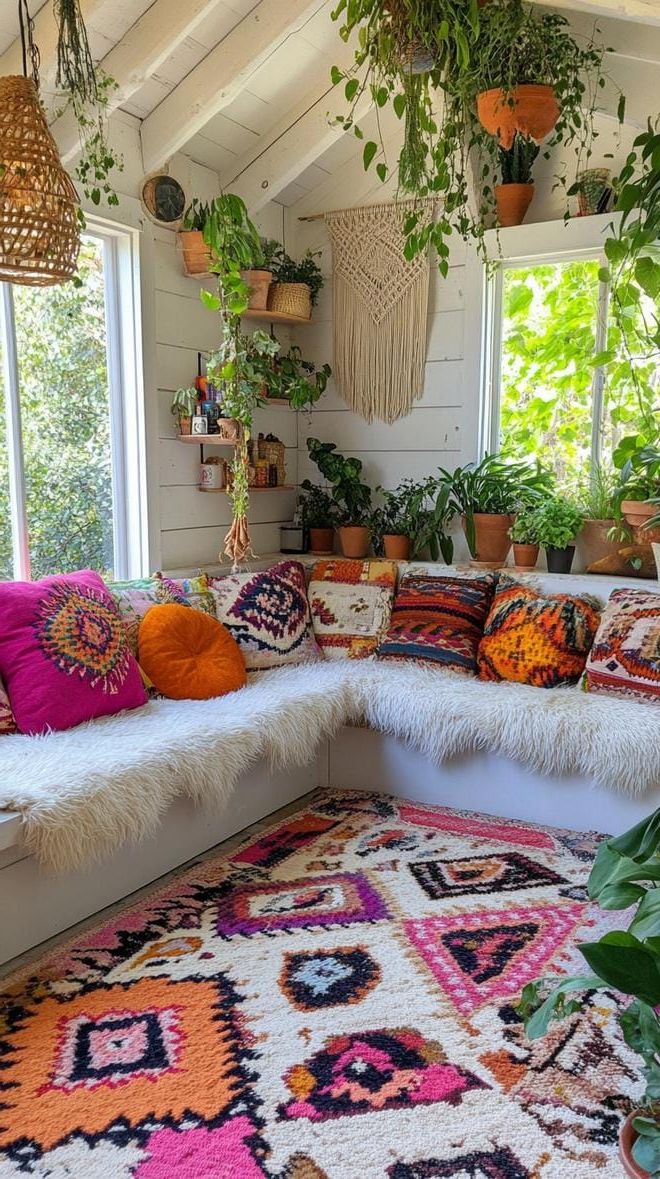 5. Boho She Shed with Layered Rugs and Macrame