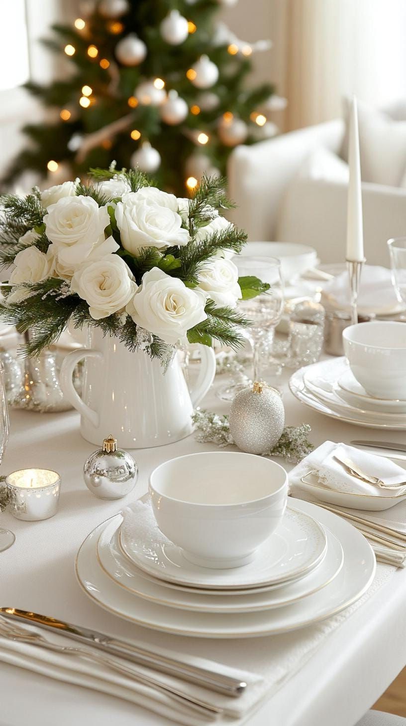 4. White and Silver Christmas Table with Simple Elegance