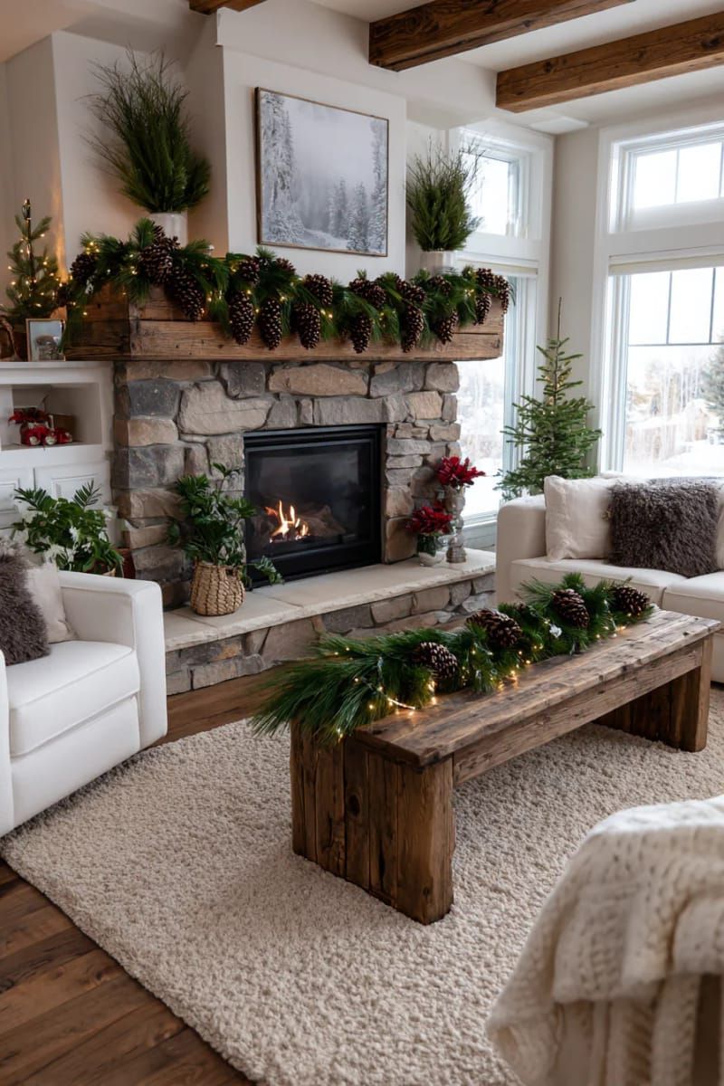 Pinecone garland with fairy lights on a barnwood mantel - photo 2
