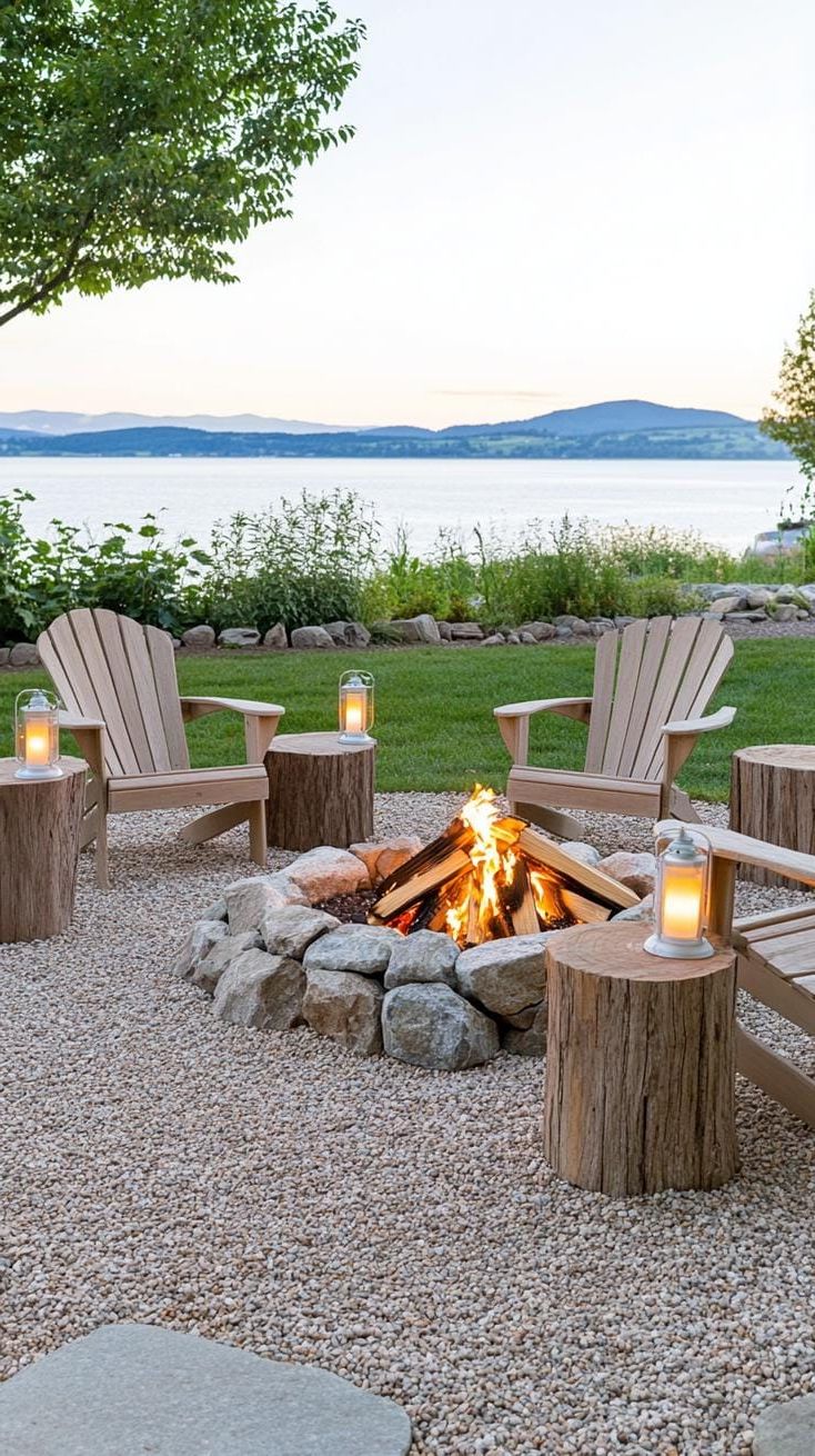 10. Gravel Fire Pit Patio with Wooden Chairs