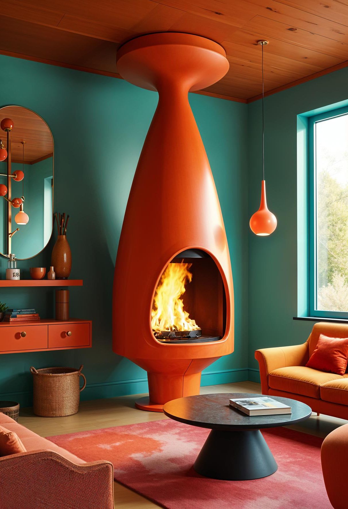 3. Retro cone-shaped suspended fireplace in bold accent colors - photo 2
