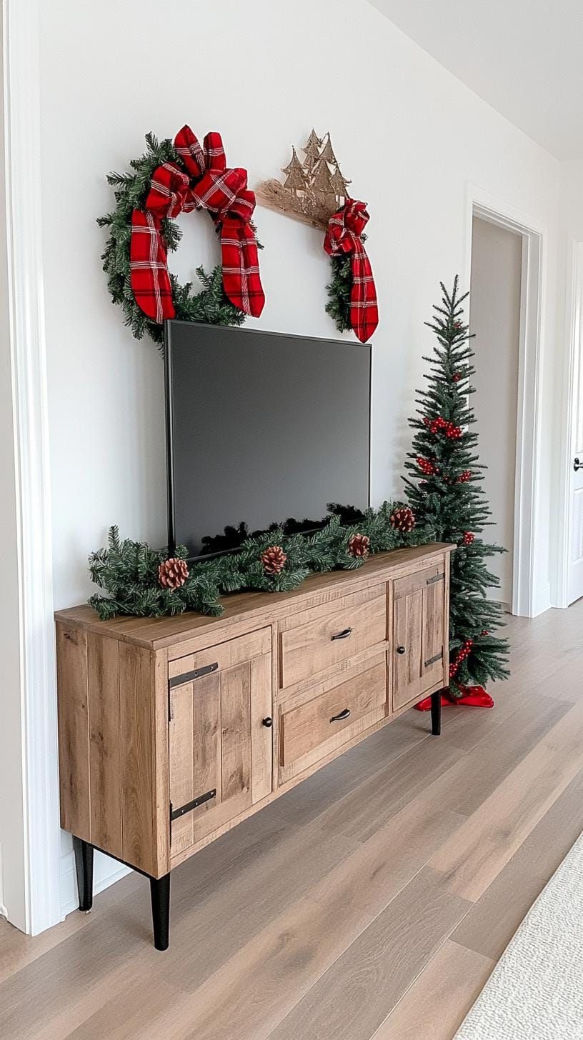 15. Classic TV stand with tartan plaid and pine garland