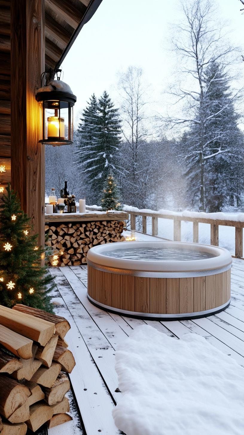26. Escape to a Winter Wonderland Hot Tub with Snow and Cozy Firewood Decor - photo 2