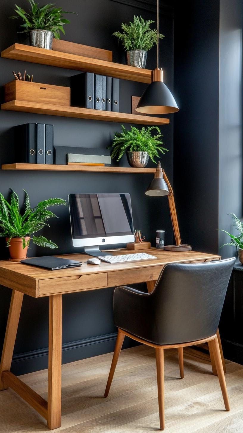 16. A Moody Office with Charcoal Walls and Natural Wood Accents - photo 3
