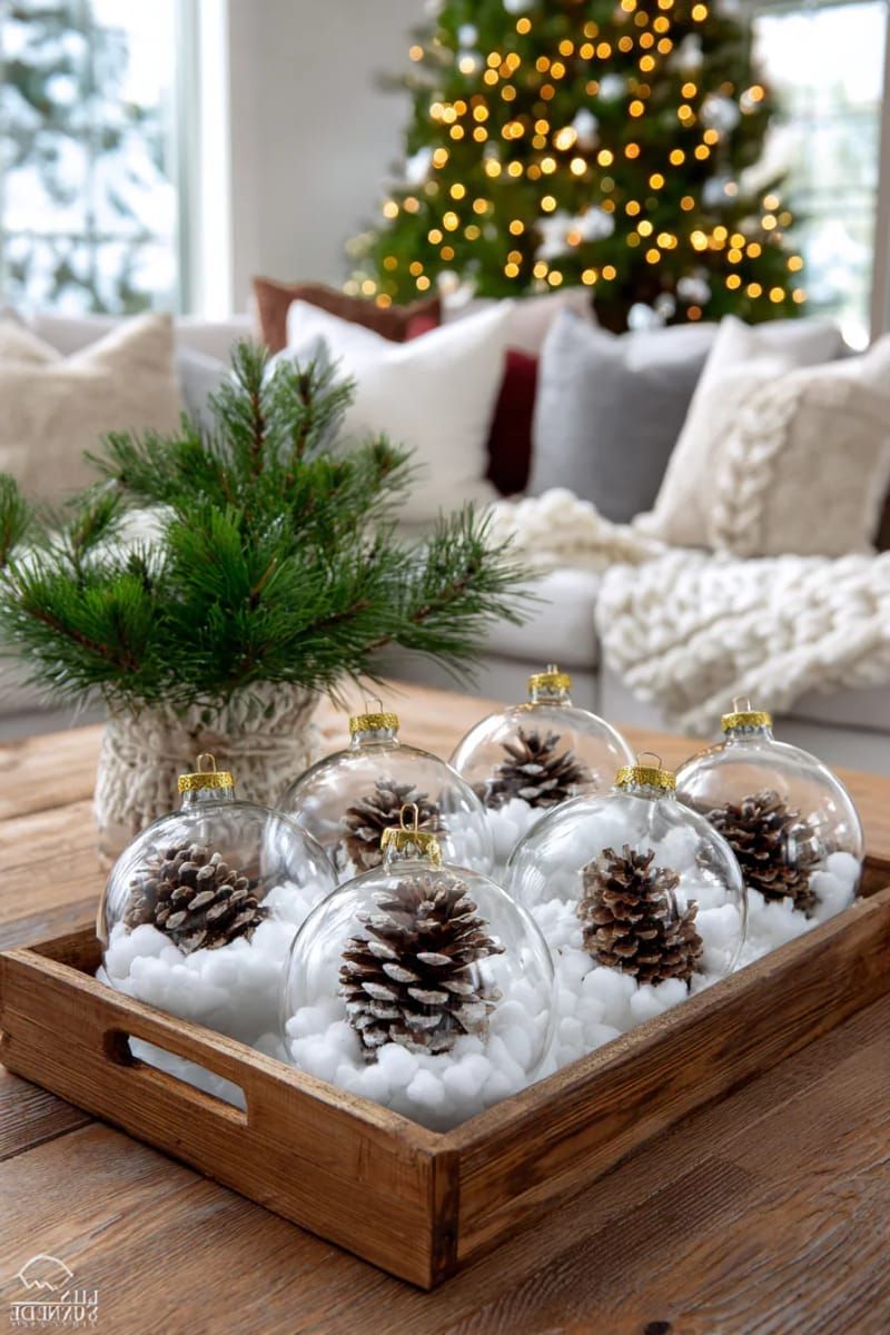 14. Clear Ornaments Filled with Snow and Pinecones