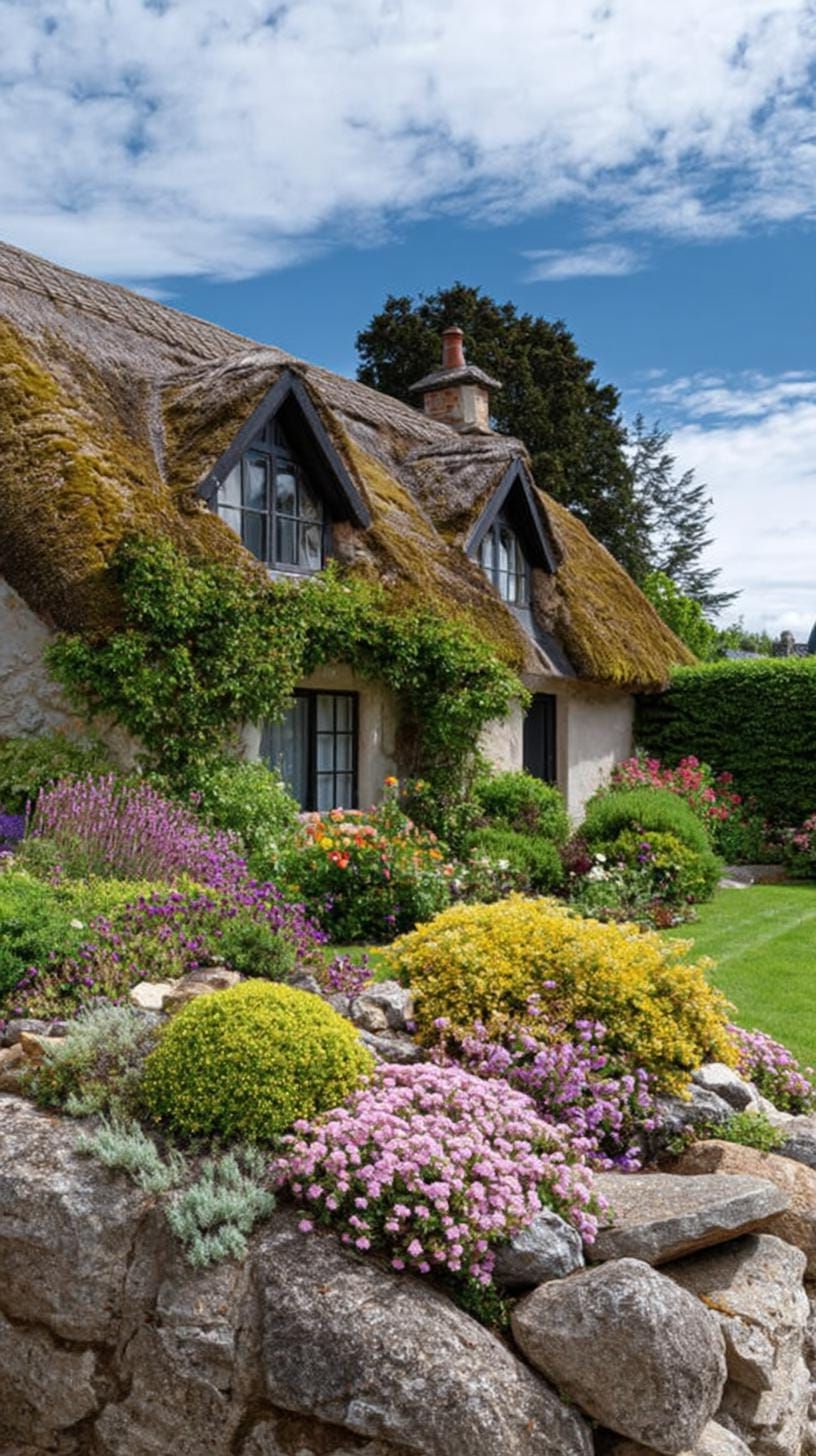34. A Flower-Covered Wall Beneath a Mossy Roof