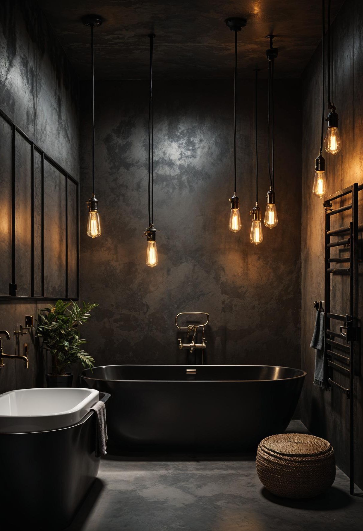 2. Twilight Industrial Bathroom Retreat