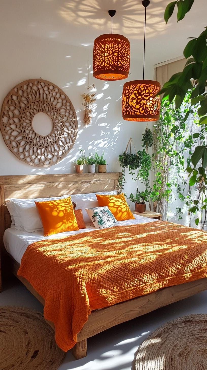 18. Statement Pendants Above Rustic Beds