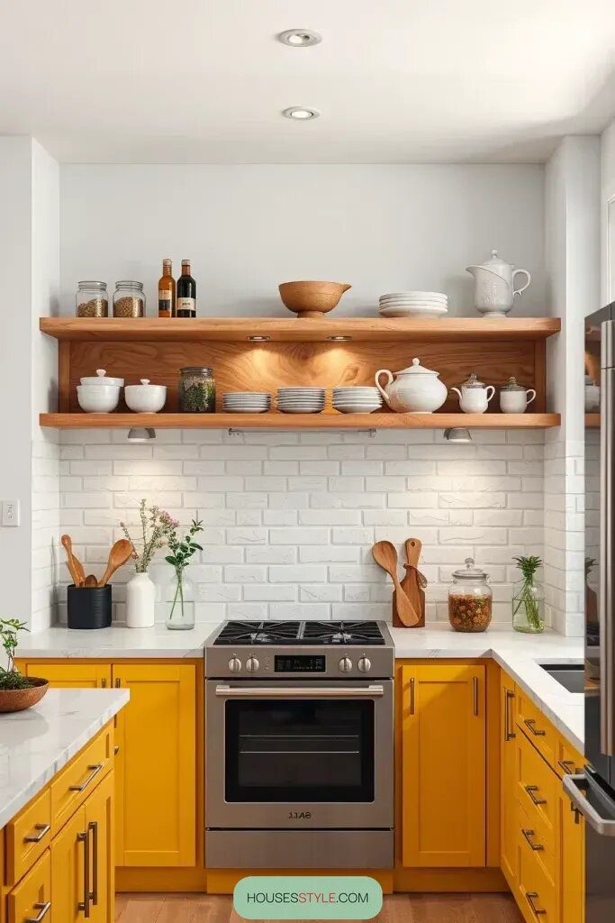 Open Shelving Above Sunny Yellow Base Cabinets