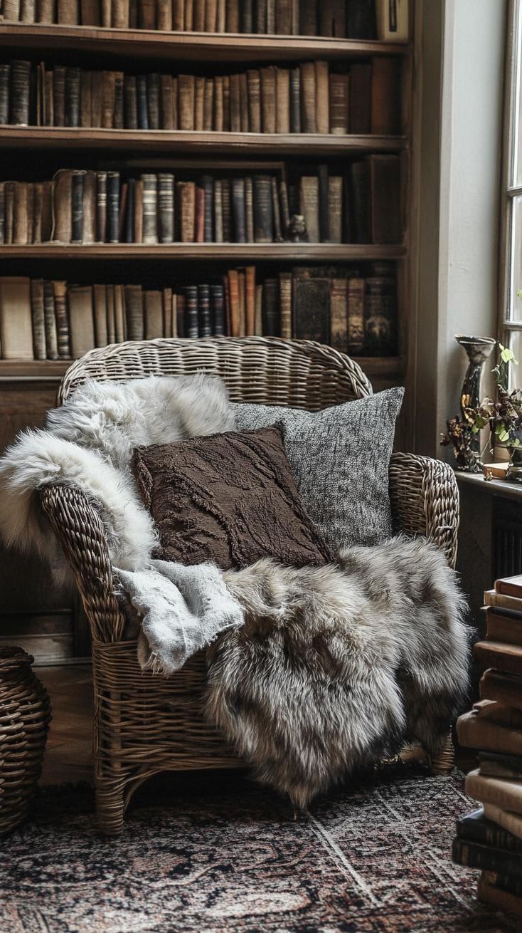 10. Rattan Chair With Faux Fur Throws And Leather Books