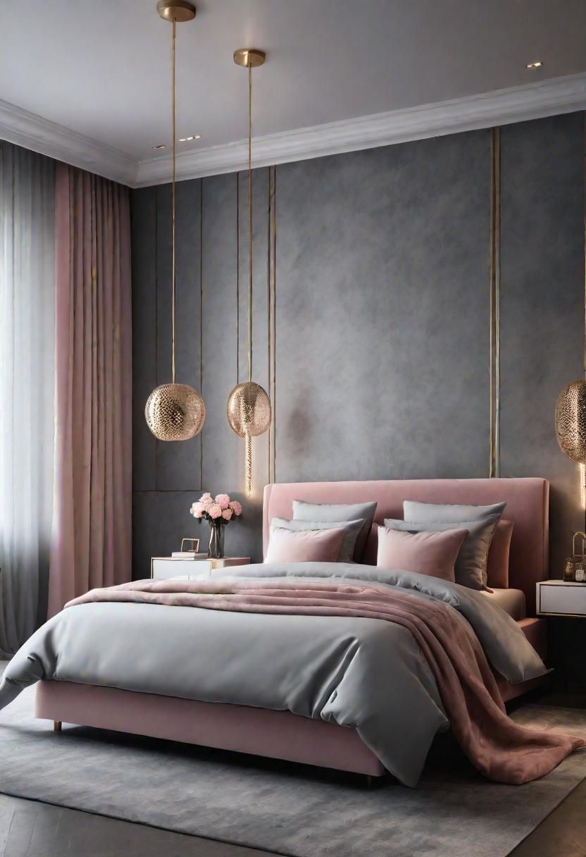 29. Feminine Grey Bedroom with Metallic Pink