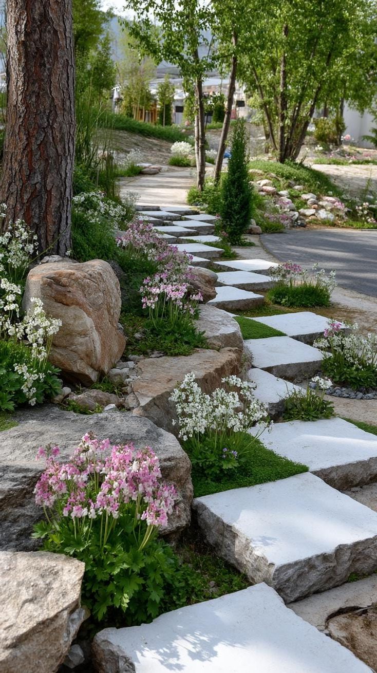 27. Checkerboard Rock Path with Flower Accents