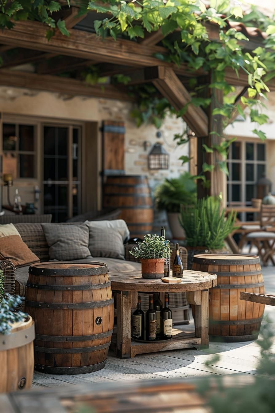 2. Repurposed Wine Barrel Side Tables