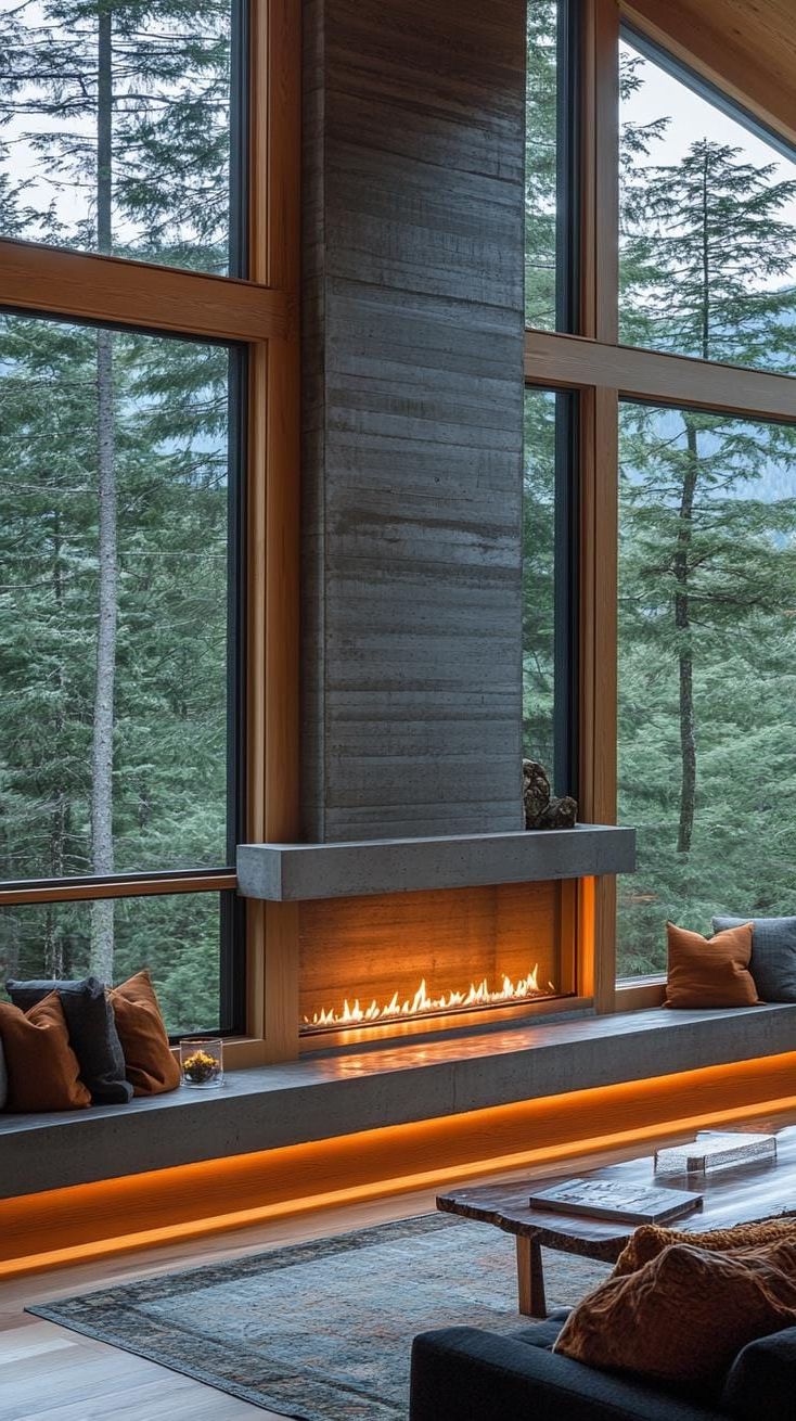 8. Low-profile fireplace under wide window views