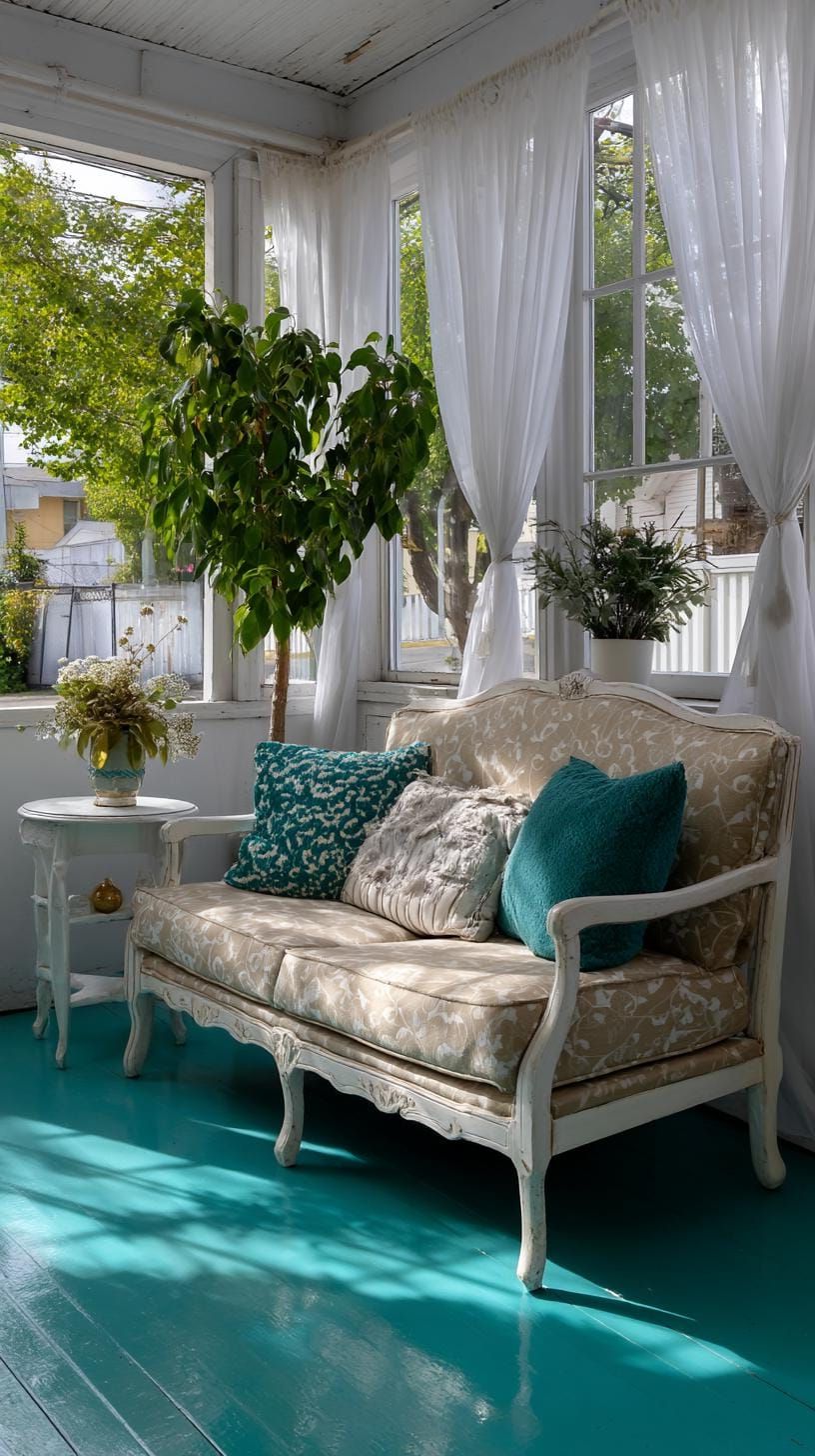 17. A Porch With Teal Floors and Antique Sofa