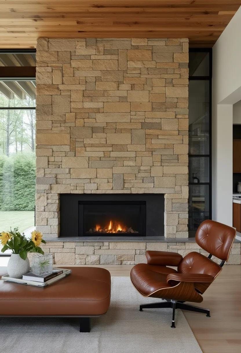 1. Stone-clad floor-to-ceiling fireplace with modernist leather lounge chair