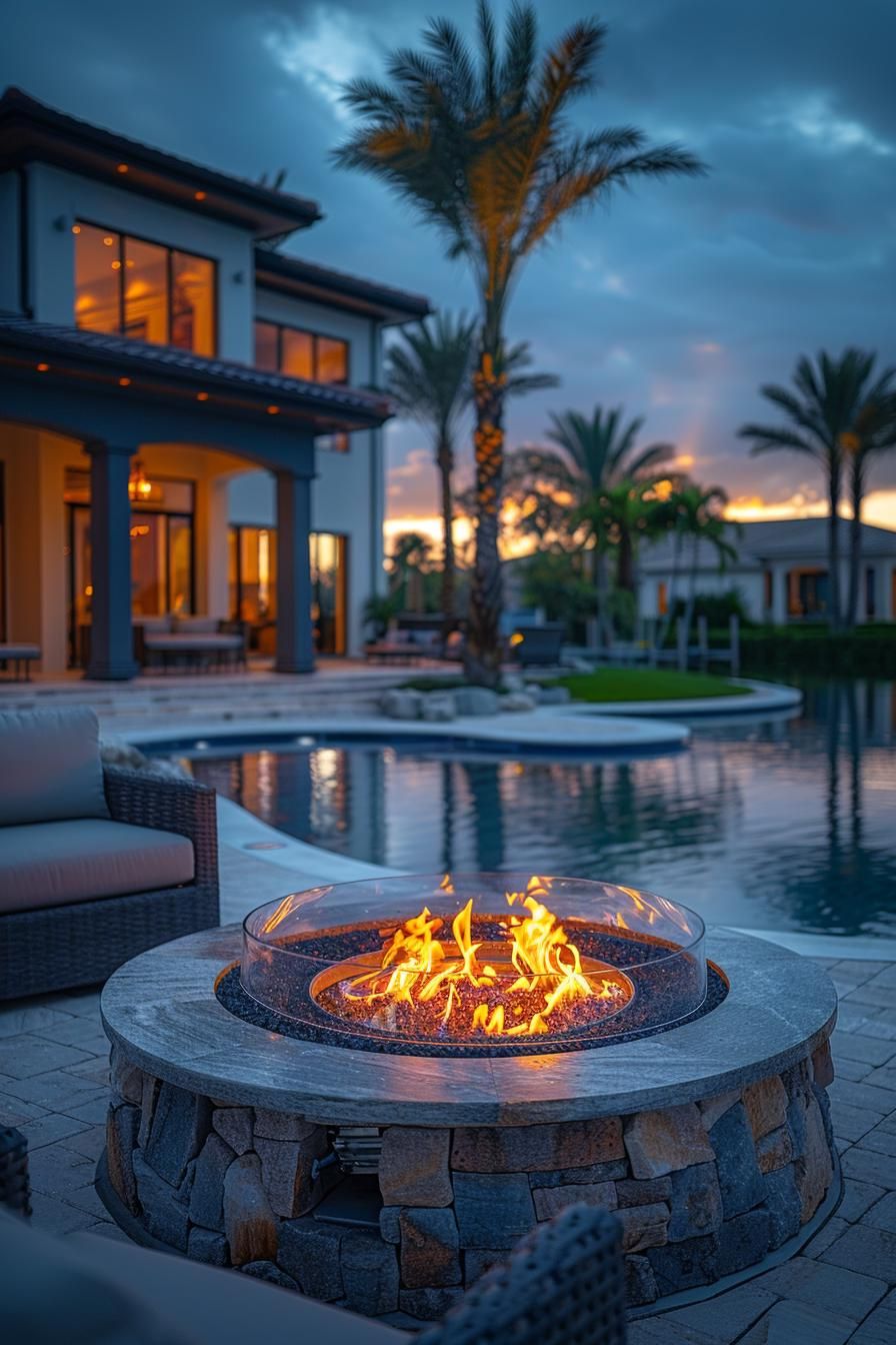 3. Circular Fire Pit With Glass Wind Guard