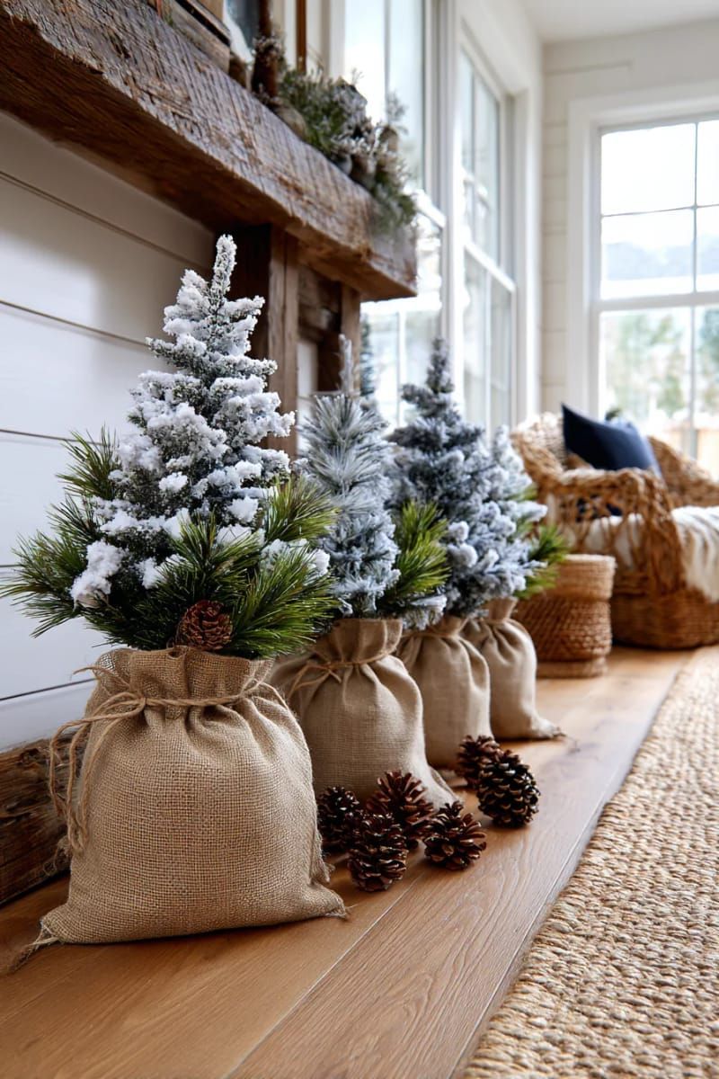 29. Flocked mini trees in burlap sacks for farmhouse decor - photo 3