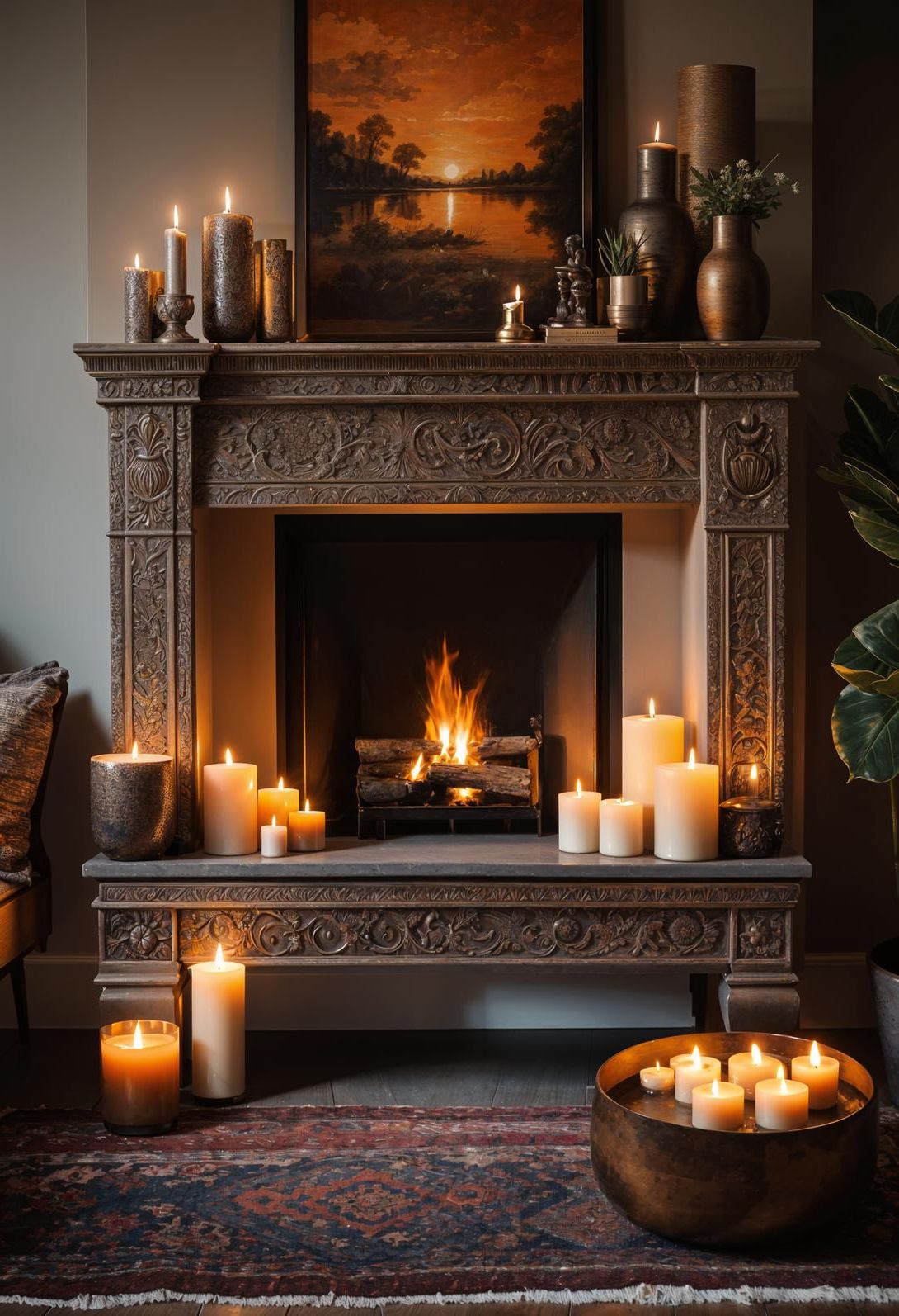 42. Candle-Filled Fireplace for Cozy Ambiance